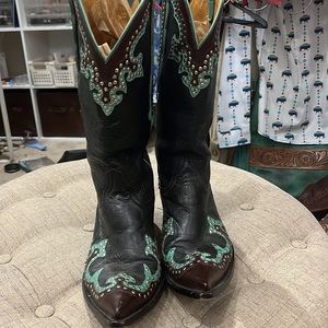 Old Gringo Black and Turquoise Pointed-Toe Heeled Boots